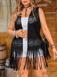 SHEIN LUNE Gilet smanicato taglie forti con design traforato e orlo con frange, adatto per l'inverno - nero - Visualizzare 5