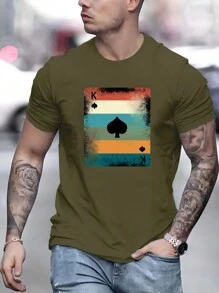 Men Playing Card Print Tee - Army Green - View 1