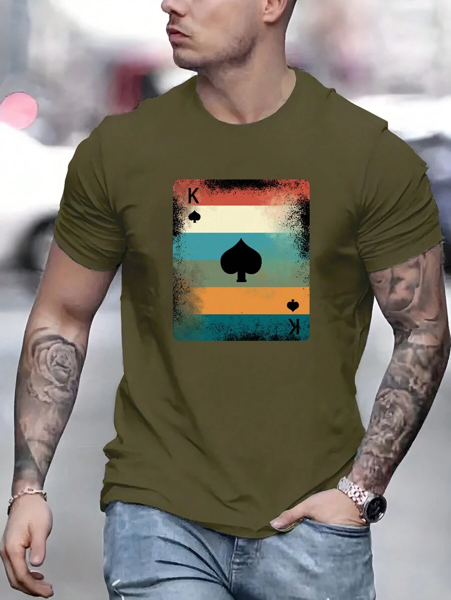 Men Playing Card Print Tee - Army Green - View 1
