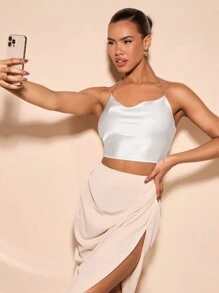 SHEIN BAE Satin Shirred Back Halter Top - Apricot - View 3