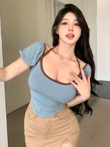 DAZY 女款彩塊雙肩頸露肩短袖t恤 - 藍色 - 查看 2