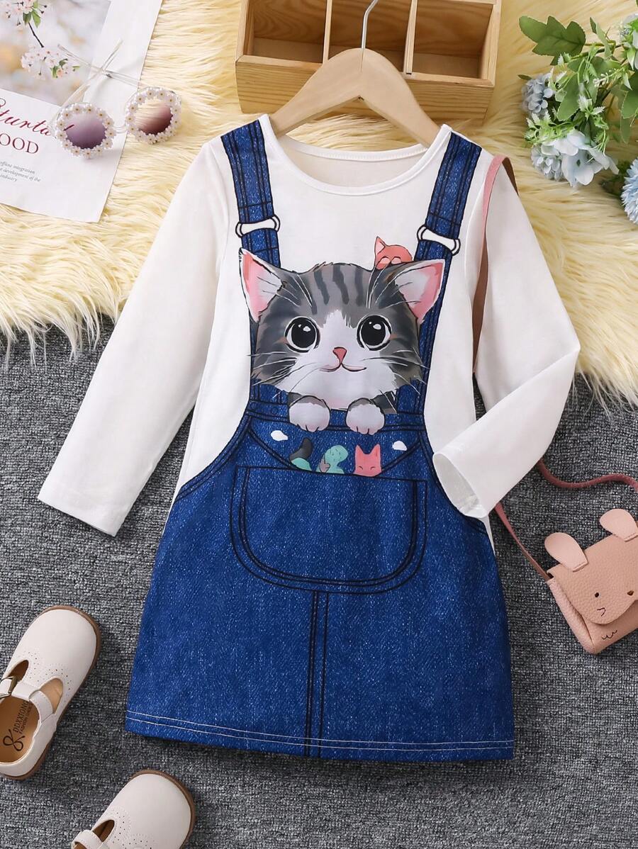 Young Girl's Cat Printed 2 In 1 Suspender Dress - Multicolor - View 1