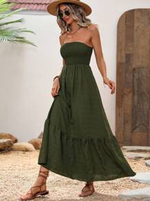 Breezaya Women Shirred Ruffle Hem Midi Dress - Army Green - View 5