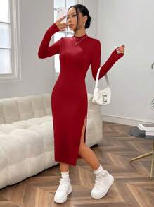 SHEIN EZwear Long-Sleeved Stand Collar Bodycon Dress With High Slit - Red - View 1