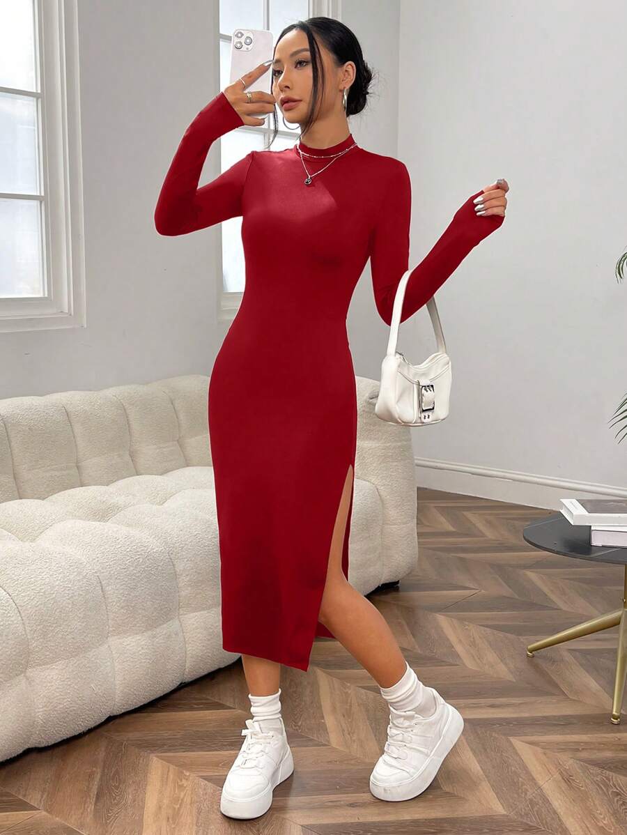 SHEIN EZwear Long-Sleeved Stand Collar Bodycon Dress With High Slit - Red - View 1