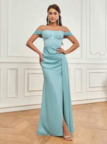 SHEIN Belle Vestido de noche elegante para mujer de satén brillante con lentejuelas, escote de un hombro, mangas finas, cintura ceñida, espalda drapeada con pliegues, abertura lateral alta y falda de sirena para temporada de graduación y bodas - verde menta - Ver 5