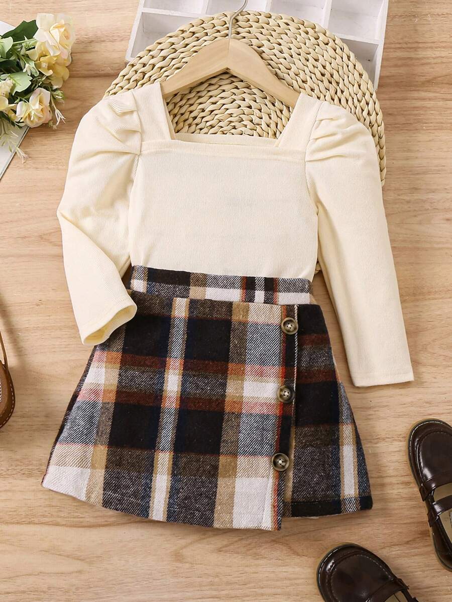 SHEIN 少女實色方領泡泡袖上衣和格紋裙子套裝 - 杏色 - 查看 1