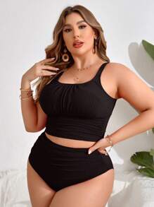 Swim Lushoire Kích thước lớn Của phụ nữ Màu thuần Dây Tankini Ngắn tay Và Không lưng Bikini Ba Lỗ Đáy - màu đen - Xem 3