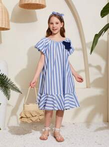 SHEIN Tween Girls' Loose Fit Casual Striped Knit Dress With Bubble Sleeves - Blue - View 4