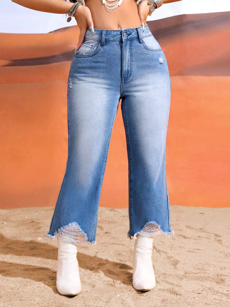 Women's Fashionable Denim Jeans With Frayed Hem