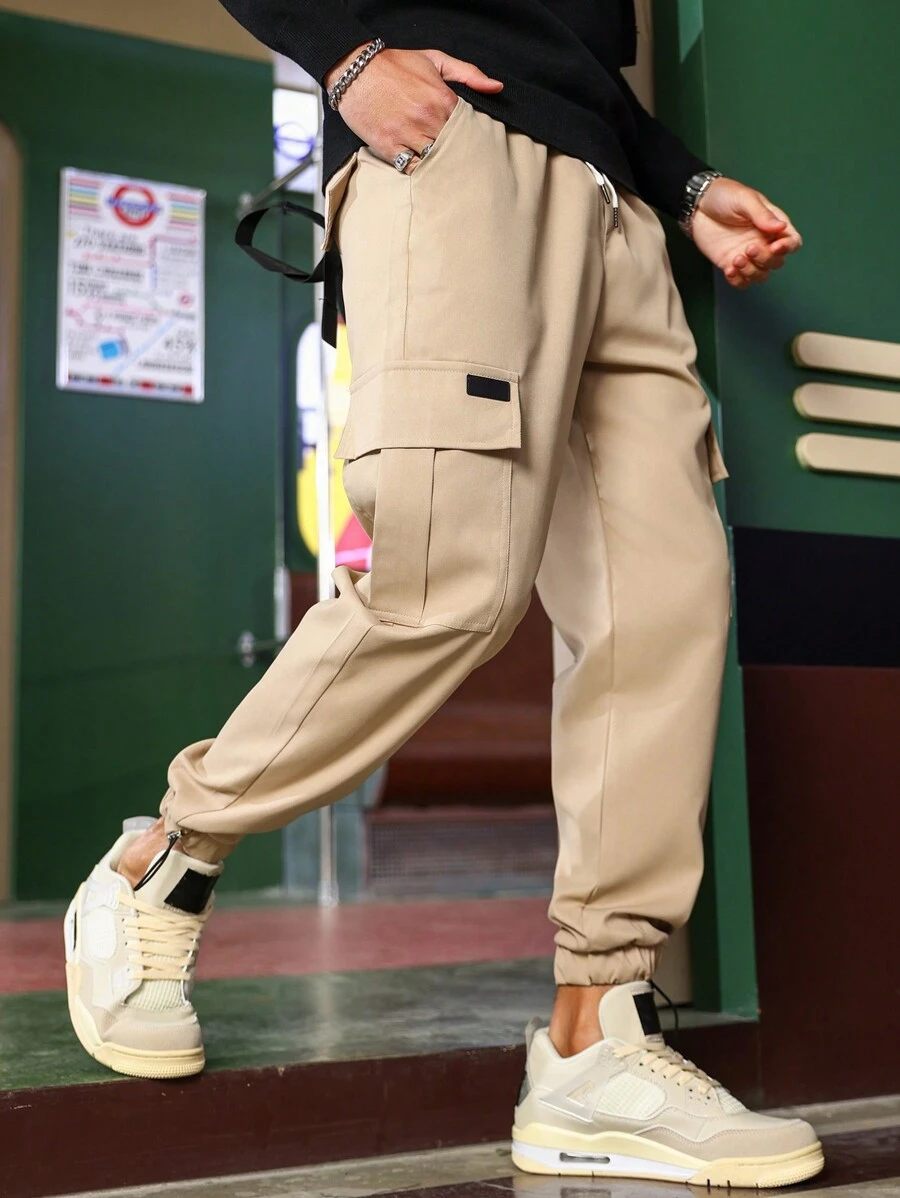 Manfinity Homme Men Drawstring Hem Pocket Side Cargo Trousers - Khaki - View 1