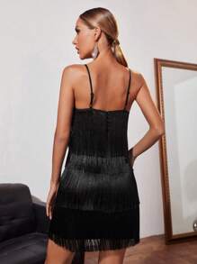 Zolique Layered Fringe Trim Satin Cami Dress - Black - View 2