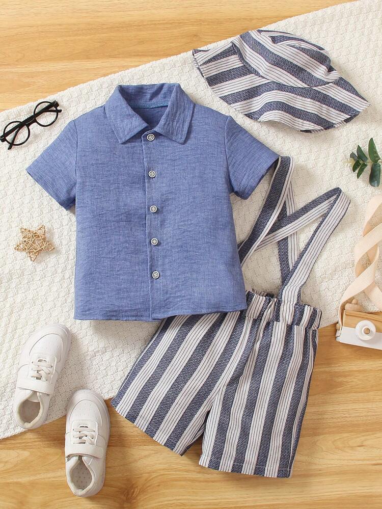 Young Boy Solid Short Sleeve Shirt And Striped Braces Shorts Set