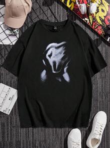 Manfinity ZONE917 男士黑色针织圆领超大短袖图案复古 T 恤，适合夏季外出 - 黑色 - 查看 4