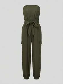 BamGleam Einfarbiges Trägerloses Jumpsuit Mit Geraffter Taille Und Knöchel Manschetten