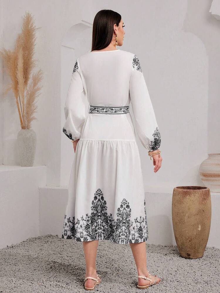 Floral Print V Neck Lantern Sleeve Dress