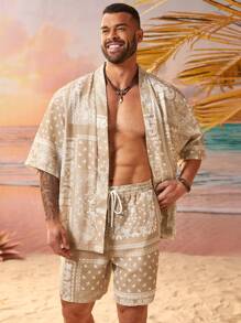 Manfinity RSRT Men's Plus Size Woven Shirt And Shorts Set - Khaki - View 4