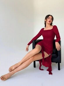 Aloruh Vestido De Manga Larga Con Cuello Cuadrado Para Mujer Con Pliegues Y Dobladillo Asimétrico