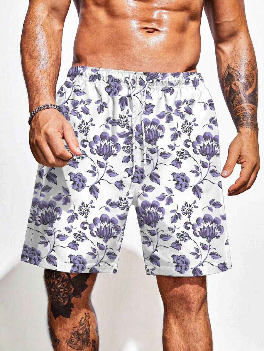 Surfspeed Pantalones Cortos De Playa Con Cordón Elástico Y Diseño Floral Para Hombres De Talla Grande - Multicolor - Ver 1