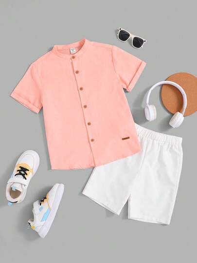 SHEIN Cậu bé Tween Đứng cổ áo Single-breasted Áo sơ mi Và Bộ quần short Thích hợp Cho mùa hè