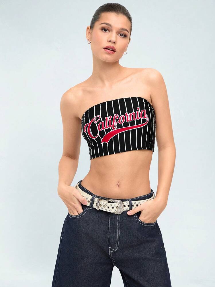 Striped Strapless Top With Letter Print