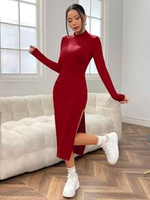 SHEIN EZwear Long-Sleeved Stand Collar Bodycon Dress With High Slit - Red - View 3