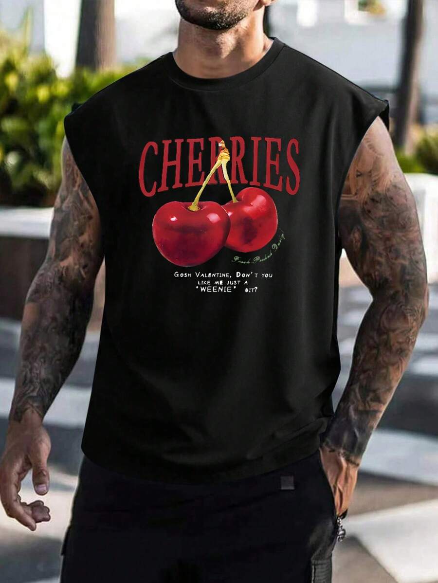 Manfinity Homme Men's Cherry Pattern Tank Top, Men's Cherry Shirt, Men Sleeveless Tank - Black - View 1