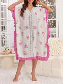 CottageSlumber CottageSlumber Women's Loose Fit Sleep Dress Pajama Dress With Wide Sleeves, Contrast Color Ruffle Hem And Floral Print Long Dress Women Plus Sleepwearwomen Sleepwear