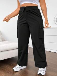 Flirla Pantalones De Carga Para Mujer De Tallas Grandes unicolor Con Cintura Plegable - Negro - Ver 3