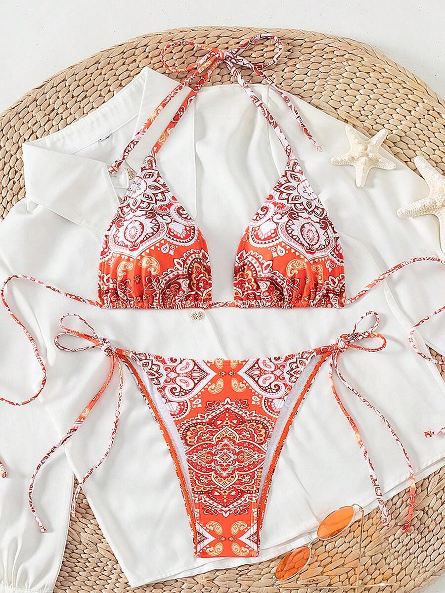 SHEIN Swim Bộ bikini in hoa cổ điển đi biển mùa hè - Đỏ - Xem 1