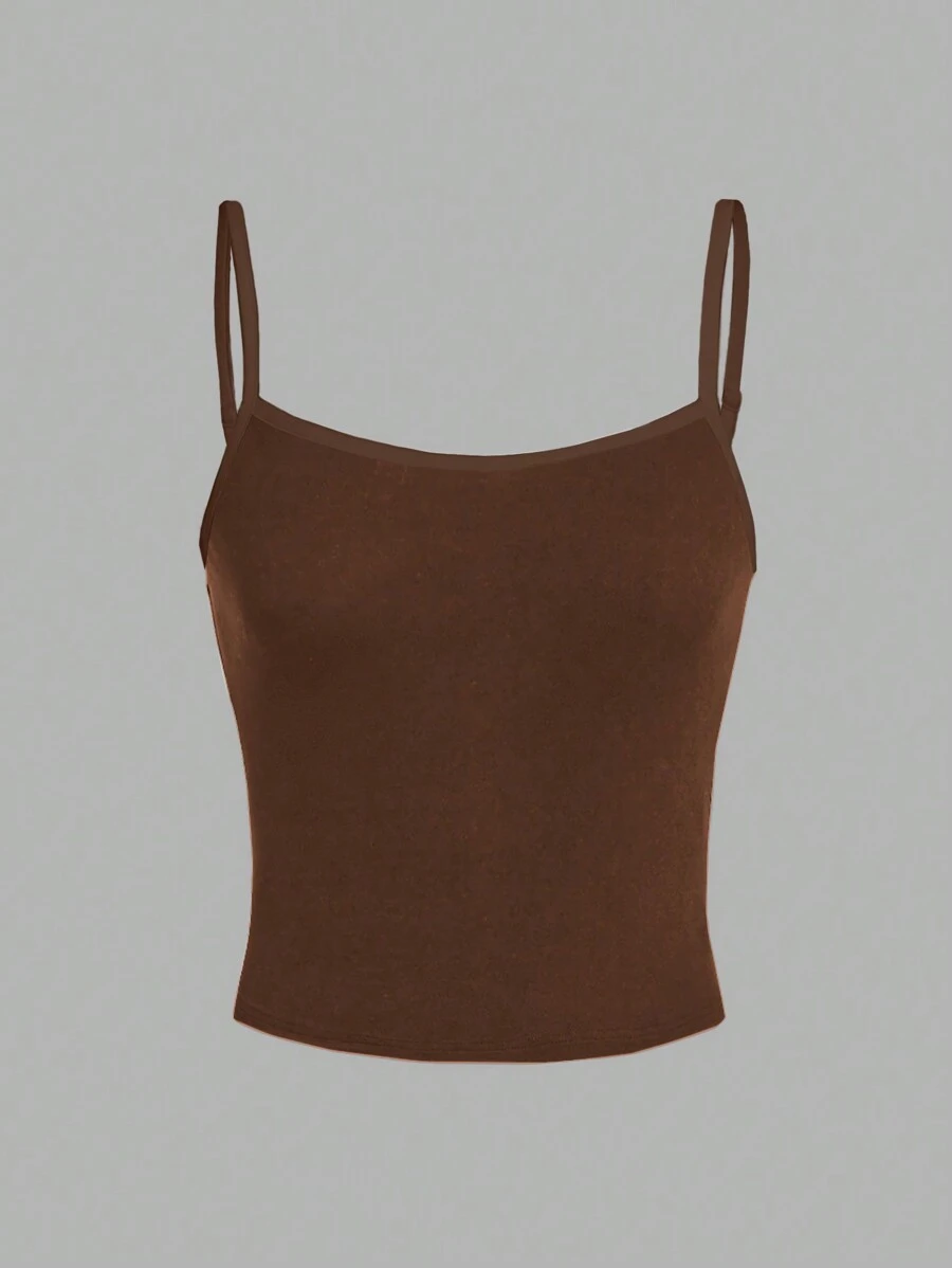 SHEIN EZwear 棕色休閒簡約萬用背心上衣，適用於夏季，女性修身版型 - 棕色 - 查看 1