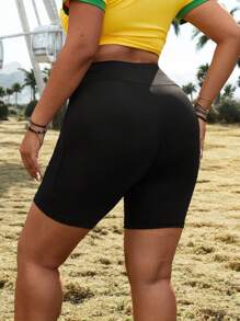 SHEIN EZwear Plus Size Women's Asymmetric Waist Casual Cycling Pants With Pockets - Black - View 2