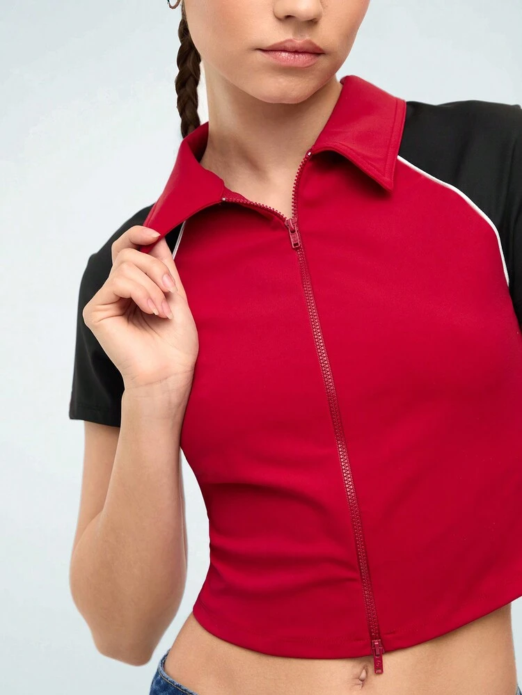 Women's Color Block Short Sleeve Zipper Front T-Shirt