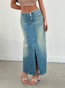 Skirt Tint Wash With Slit - Medium Wash - View 4