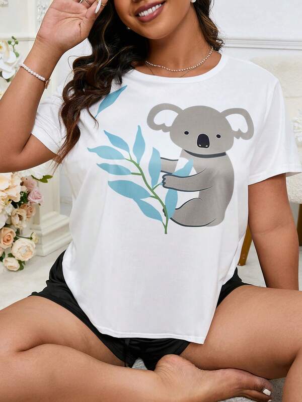 大尺碼植物&考拉印花睡衣上衣