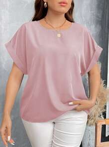 SHEIN LUNE Camisa azul de cuello redondo holgada de estilo casual básico con efecto de mezclilla y hombros caídos para tallas grandes - Rosa vieja - Ver 3