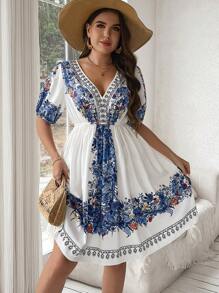 Flirla Đầm Boho in họa tiết cổ chữ V cỡ lớn cho mùa hè, trang phục đi biển dành cho nữ - Xanh và trắng - Xem 4