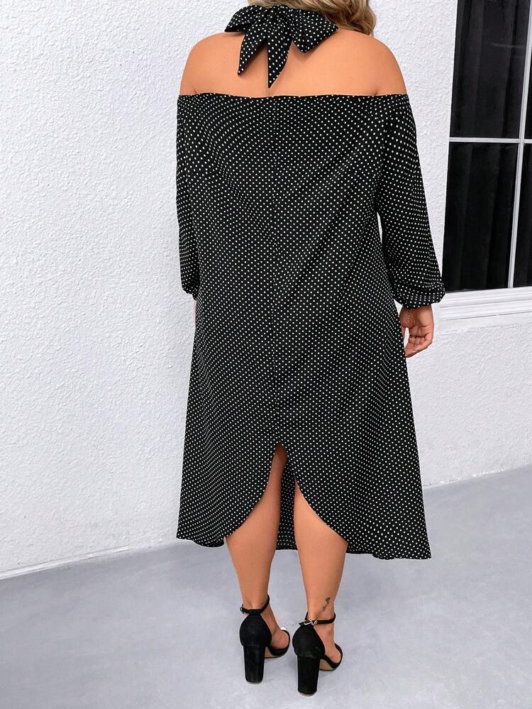 Plus Size Polka Dot Printed Lantern Sleeve Off Shoulder Halter Neck Dress