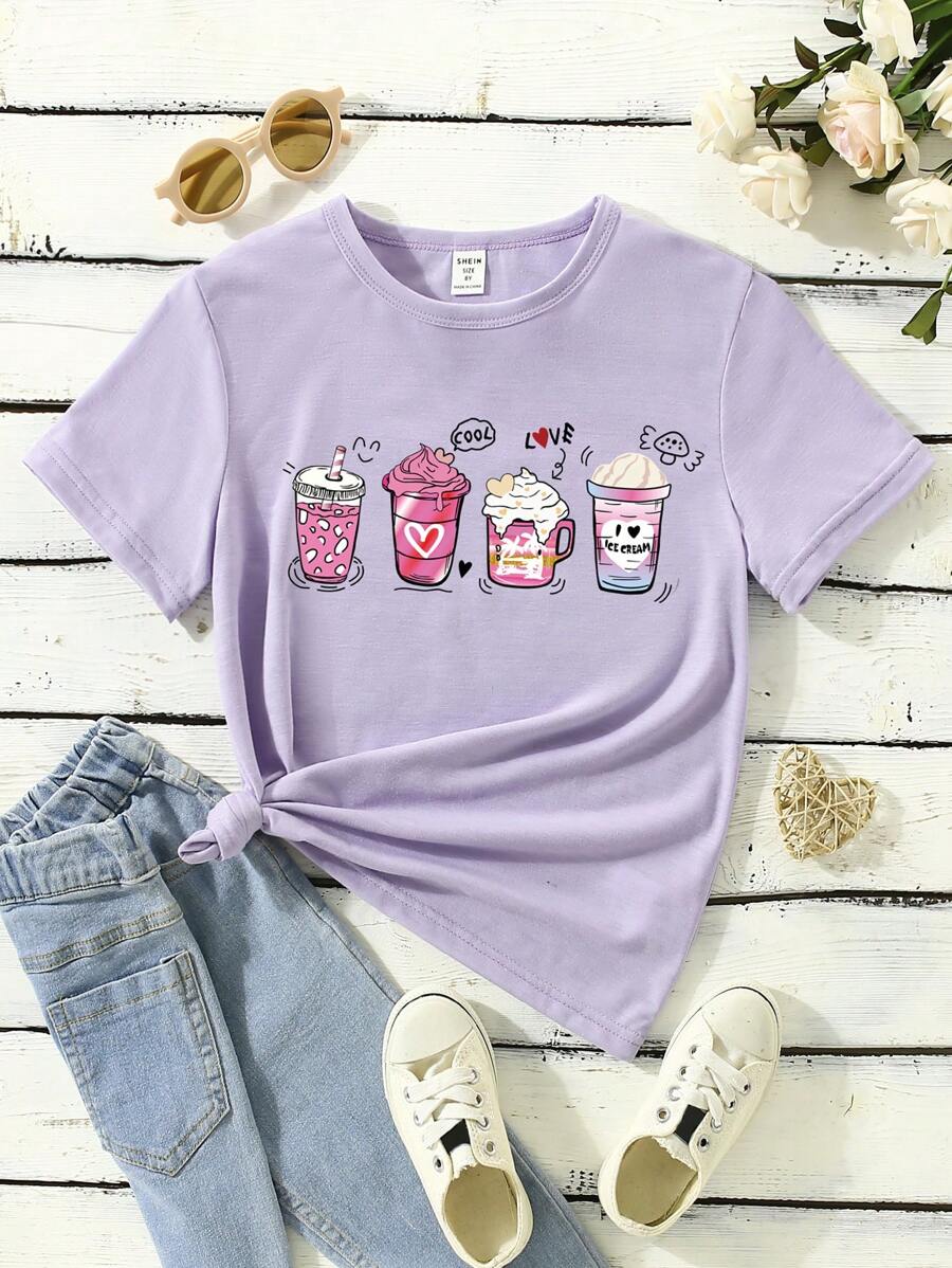 SHEIN Tween Girl Fashionable Purple Short Sleeve T-Shirt With Beverage & Coffee Cup Printed Design, Casual - Mauve Purple - View 1