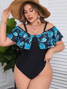 SHEIN Swim Curve 加大尺寸女士冷肩葉子印花單件泳衣,海灘裝度假氛圍泳裝套裝 - 彩色 - 查看 4