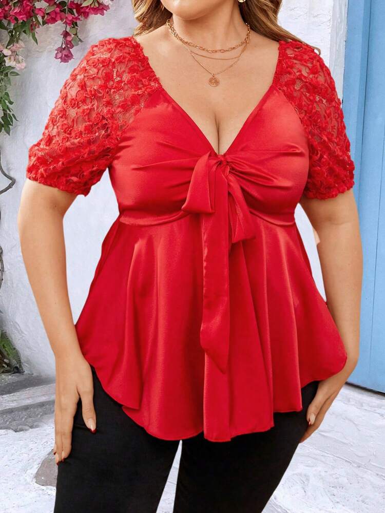 Plus Size Women's Raglan Short Sleeve Shirt With Knot Peplum Top