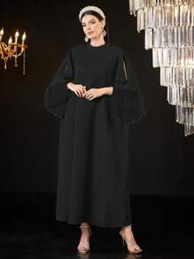 Al Najma Ladies' Solid Color Woven Jacquard Stand Collar Dress Kaftan Jalabiya Dress - Black - View 4
