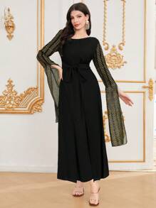 Al Najma Kleid Mit Bestickten Details, Gespaltenen Ärmeln Und Eingeklemmter Taille - Schwarz - Übersicht 6