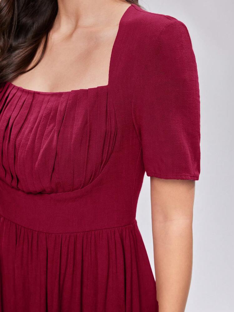 Ladies' Solid Color Pleated Square Collar Cinched Waist Dress Long Evening Dresses