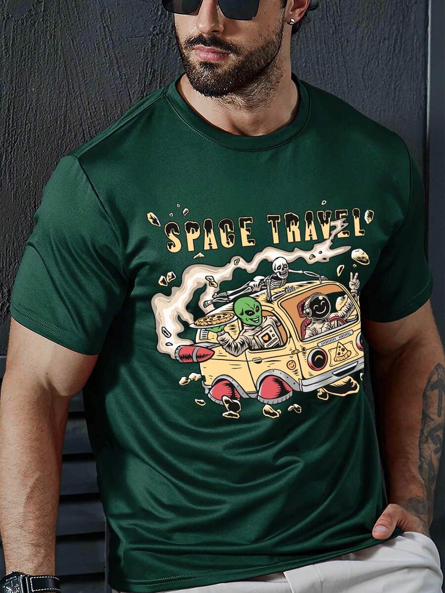 男士外星人及字母圖案短袖t恤