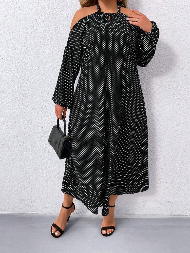 Plus Size Polka Dot Printed Lantern Sleeve Off Shoulder Halter Neck Dress