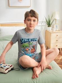 Tween Boy Round Neck Cartoon Printed T-Shirt And Shorts Home Clothes Set - Grey - View 1