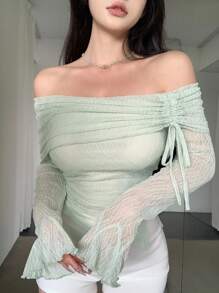 DAZY Textured Off Shoulder Drawstring T-Shirt - Mint Green - View 6