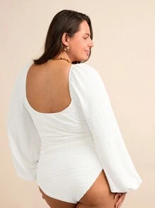 Forever 21 大尺寸純色甜心頸氣球袖胸前褶紋連身衣 - 米色 - 查看 3