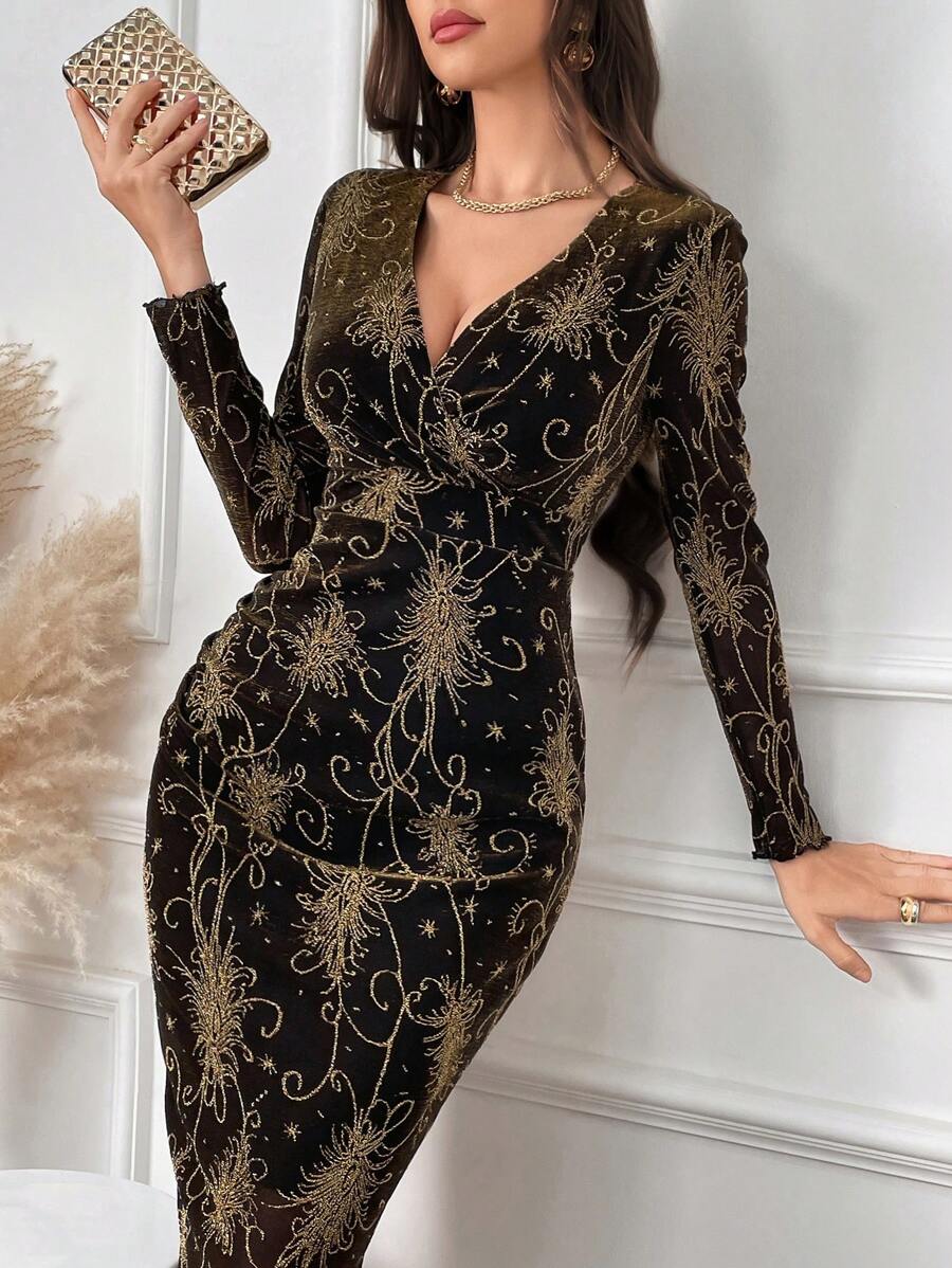 Modelyn Của phụ nữ Giường đôi In Cổ chữ V Tay áo dài Váy bodycon - Nhiều màu - Xem 1